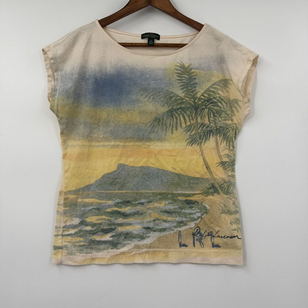 Lauren Ralph Lauren Womens M Tropical Hawaiian Graphic Tee Palm Beach Cotton